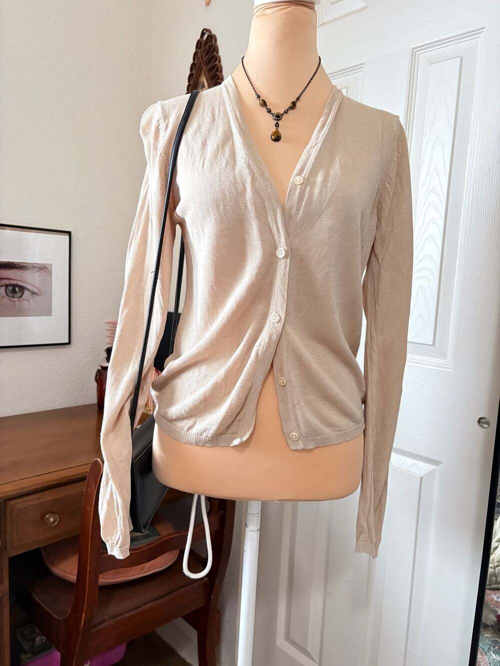 August Silk Cardigan Beige 100% Silk V-Neck Sweater